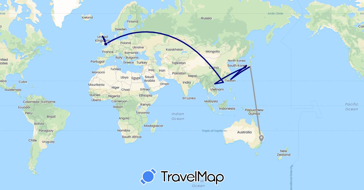 TravelMap itinerary: driving, plane in Australia, China, United Kingdom, Japan, Taiwan, Vietnam (Asia, Europe, Oceania)